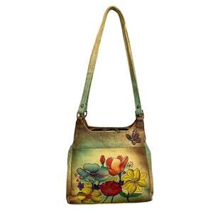 Anuschka Flower Leather 3 Compartment Shoulder Bag Hand-Painted USA